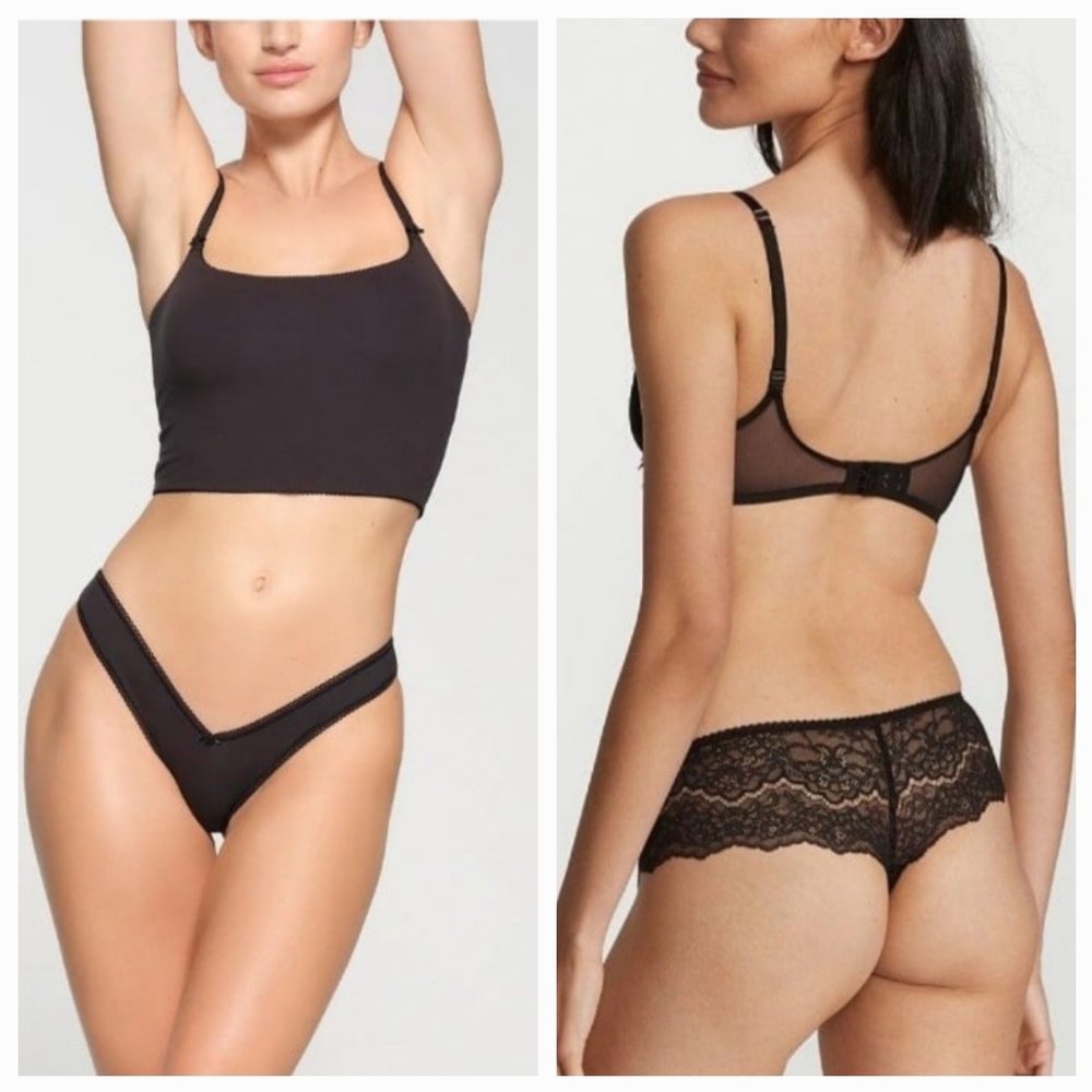 2 pc SKIMS Fits Everybody Picot Tanga Thong & Victoria's Secret Sexy Lace Cheeky